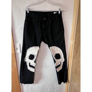 mnml Mens Black‎ Skull Patch Denim Jeans Raw Hem Size 29 Streetwear Punk Grunge
